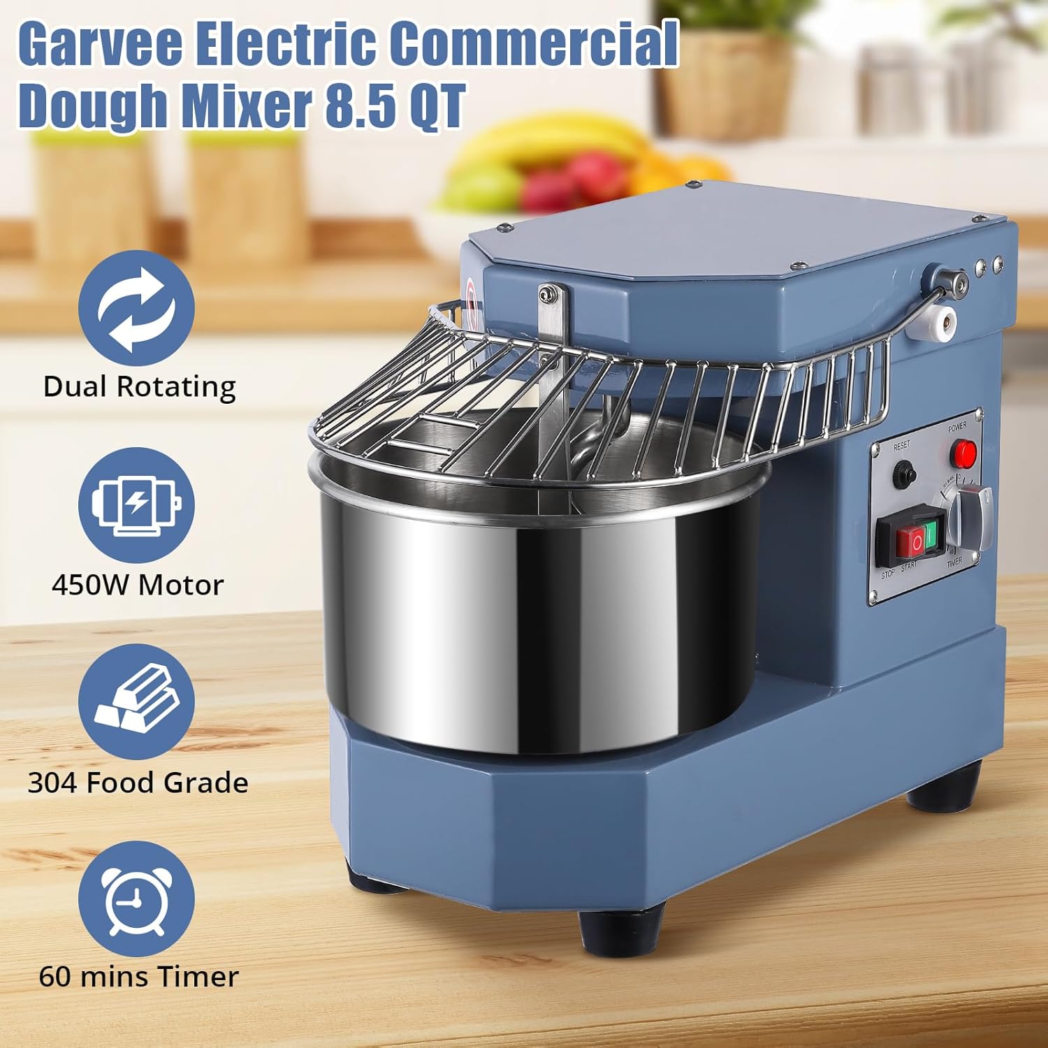 Commercial Dough Mixer 8.5Qt, 450W Dual Rotating Dough Kneading Machine with Food-grade Stainless Steel Bowl, Security Shield & Timer, Electric Spiral Mixer for Restaurant Bakery Pizzeria