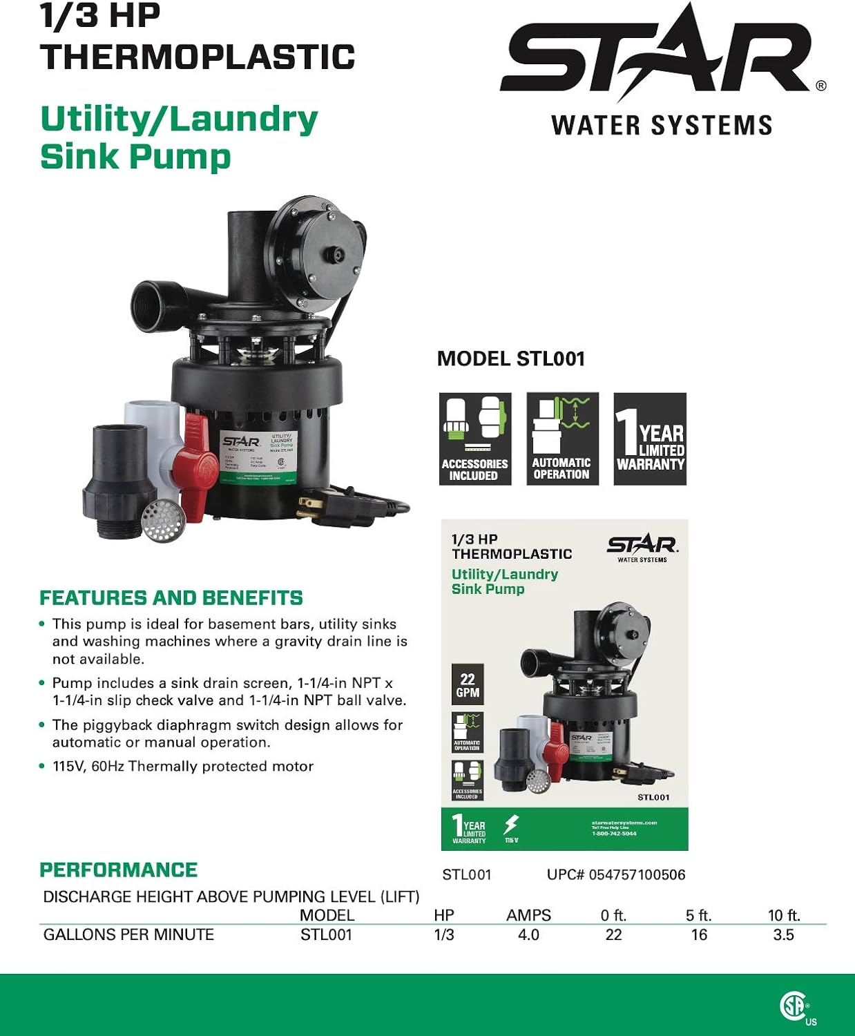 Star STL001 Automatic Utility/Laundry Sink Pump (1/3 HP) Mounts Directly Under Sink Tub, Heavy-Duty Thermoplastic, 115V, Includes Drain Screen, Check Valve & Ball Valve