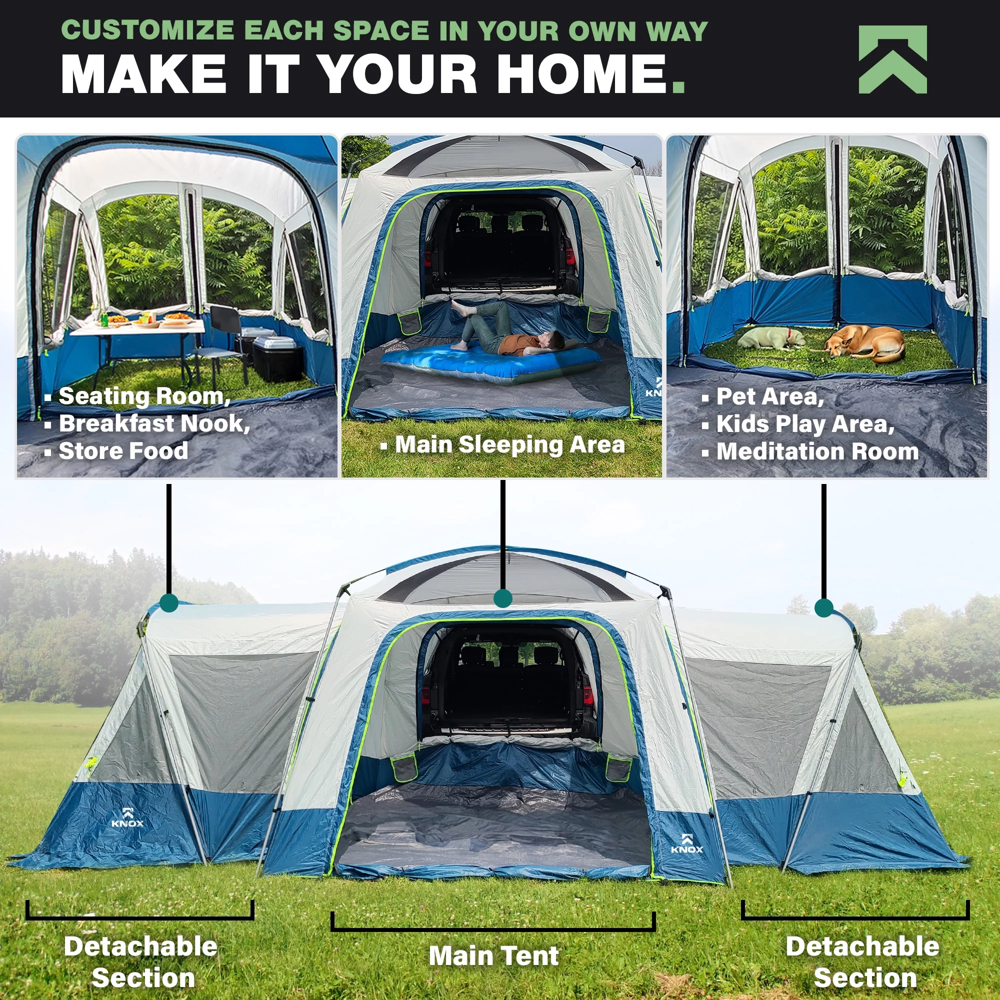 KNOX 10-Person Luxury SUV Tents for Camping, Glamping Tent, Car Tent for Family Camping, Hunting Party, Tailgate Tent Travel Outdoor, Car Camping Tent for Pets, 10'x10' Includes 2 Screen Rooms Rainfly