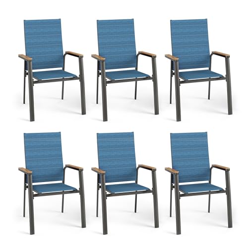 PHI VILLA Outdoor Stackable Dining Chairs Set of 6（Beige,Lightweight Aluminum Frame with Textilene Fabric & Wider Armrest,Easy to Store,Outdoor Chairs for Garden,Lawn