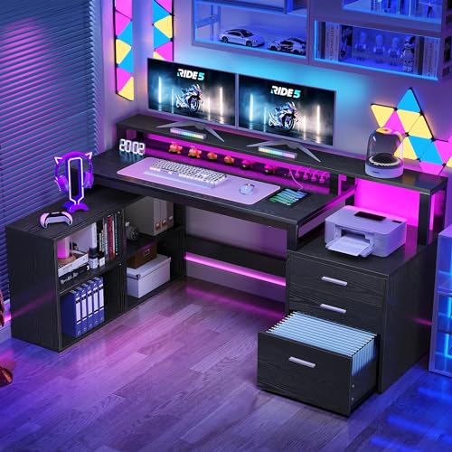 DWVO L Shaped Desk with Power Outlets & LED Lights, 65" Computer Desk with Drawers, Corner Desk Office Desk with File Cabinet & Printer Stand, Black