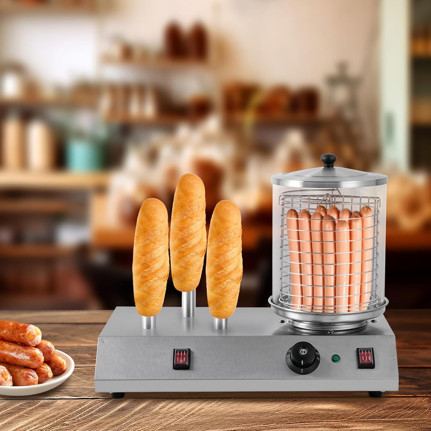 Electric Hot Dog Steamer & Bun Warmer Steamer Stainless Steel Portable Commercial Hot Dog Machine with Bun Warmer for Hot Dogs Sausages 86-230℉ 19.72x10.94x14.57in