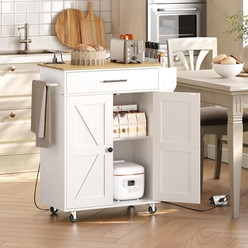 HOOBRO Kitchen Island with Power Outlet, Kitchen Island Storage Island with Large Worktop, Spice Rack and Drawer, Rolling Kitchen Cart on Wheels, for Kitchen and Dining Room, Rustic Brown and Black