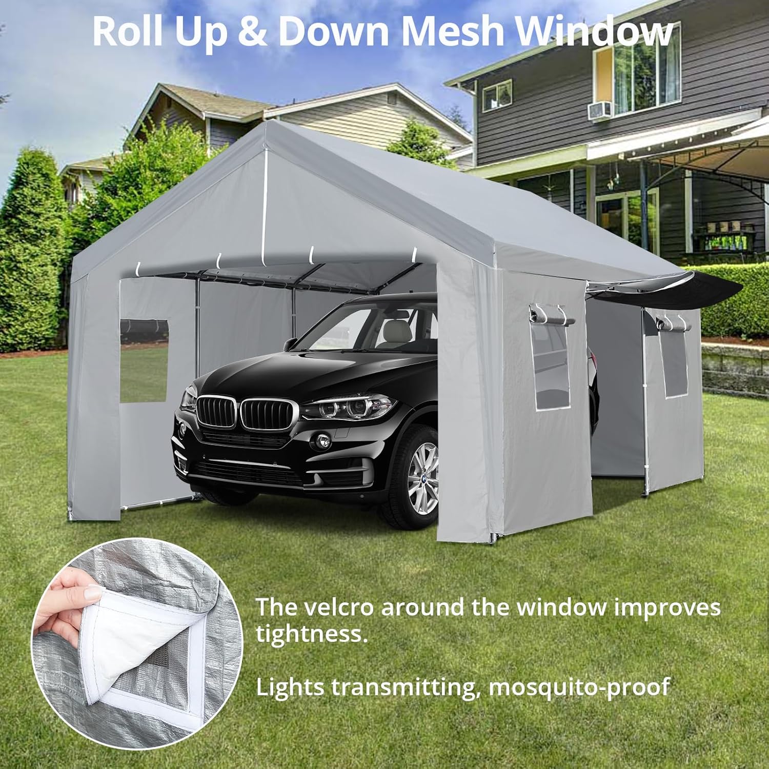 Carport 10×20 FT Portable Garage, Heavy Duty Car Port Canopy with Roll-up Doors & Ventilated Windows, Galvanized Steel Frame, Boat Shelter Tent Waterproof All-Season Tarp for Pickup Truck, Grey
