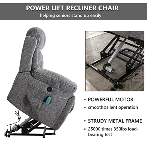 CANMOV Large Power Lift Recliner Chair with Massage and Heat for Elderly, Heavy Duty Motion Reclining Mechanism-Anti Skid Fabric Recliner Chair with 2 Concealed Cup Holders,Light Gray