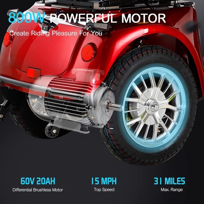 ccko Folding Mobility Electric Scooter 60V 800W Powerful Motor,Mobility Scooters for Adults,4 Wheel Portable Power Travel Scooters,30 Miles Long Range Electric Powered Wheelchair Device (Red)