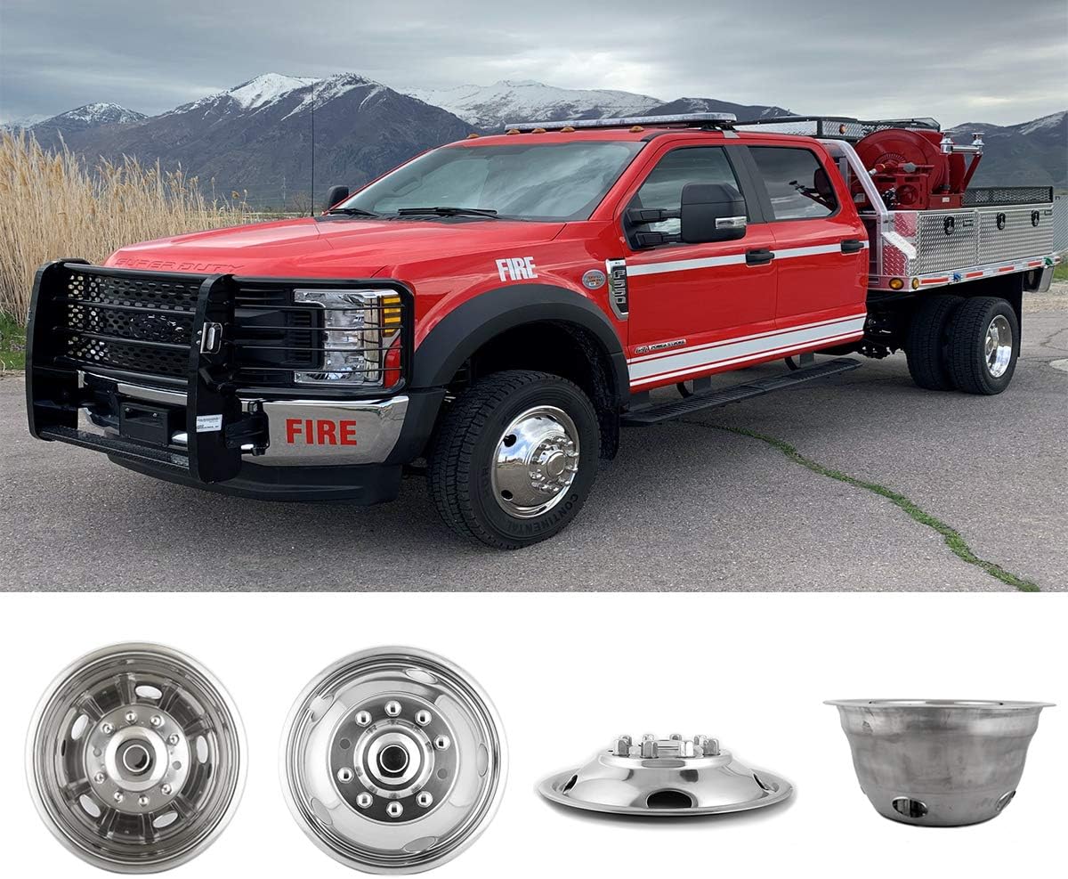 Deebior 4pcs 17inch Polished Stainless Steel Dually Wheel Simulators, Nice looking and Durable Bolt On Wheel Cover, 8 Lug 4 Hand Hole Hubcaps Fit for 2005-2021 Ford F350 with Installation Tool Kit A8P