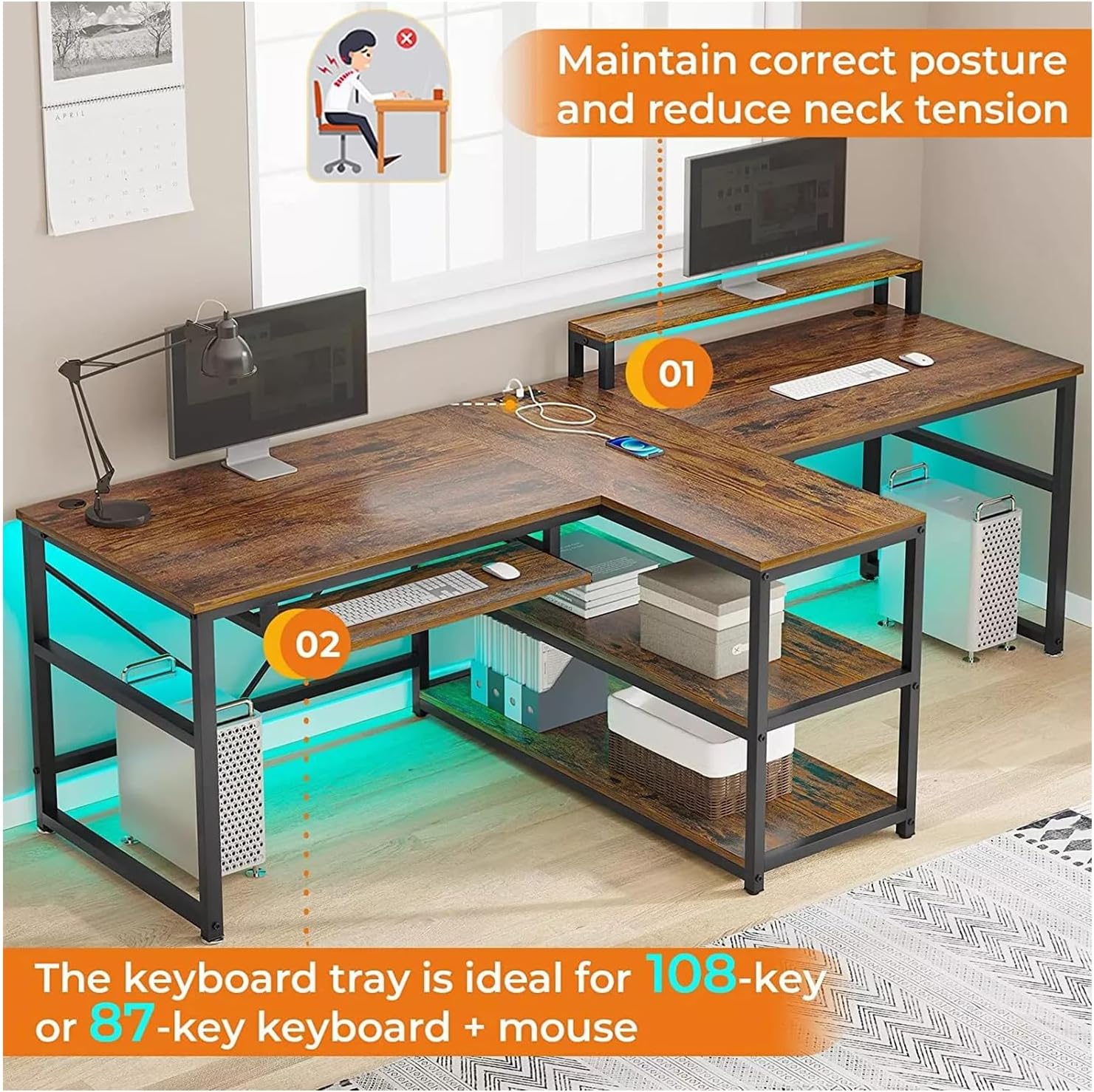 New Brown 95 Inches Home Office Desks Computer Gaming Desk Extra Long Double Desk for 2 Person RGB LED Lights Shelves Table Gamer Ergonomic Storage Shelf Home Office Wood Modern 94.5"L x 39"W x 30"H
