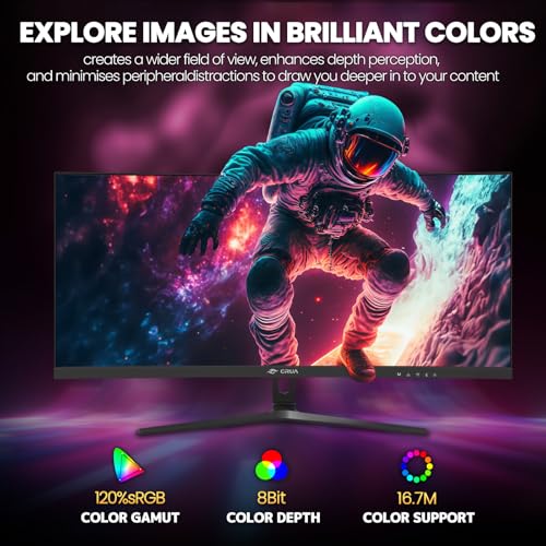 CRUA 30Inch Ultrawide Curved Monitor, 21:9 WFHD(2560x1080P) VA Computer Monitor, 120% sRGB 100HZ 1500R PC Monitors Support FreeSync, Wall-Mounted, with HDMI/DP Display Port-Black
