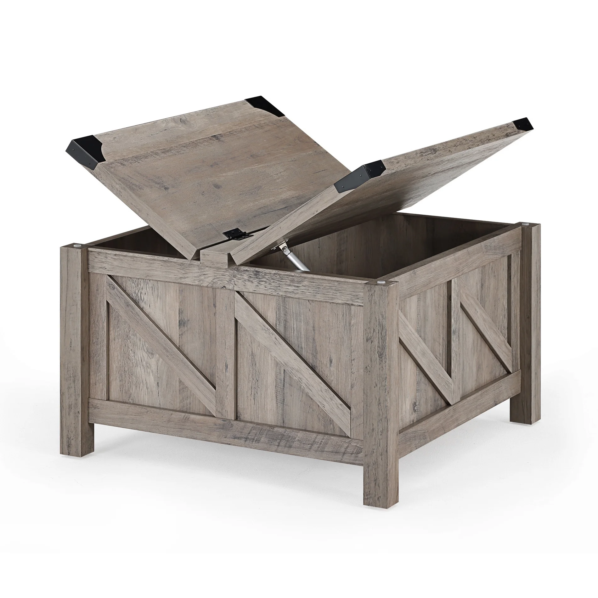 WAMPAT Farmhouse Coffee Table, Square Wood Center Table with Gas Struts Lift-Top for Extra Large Hidden Storage, Metal Bracket Corner, Z-Shaped,Grey