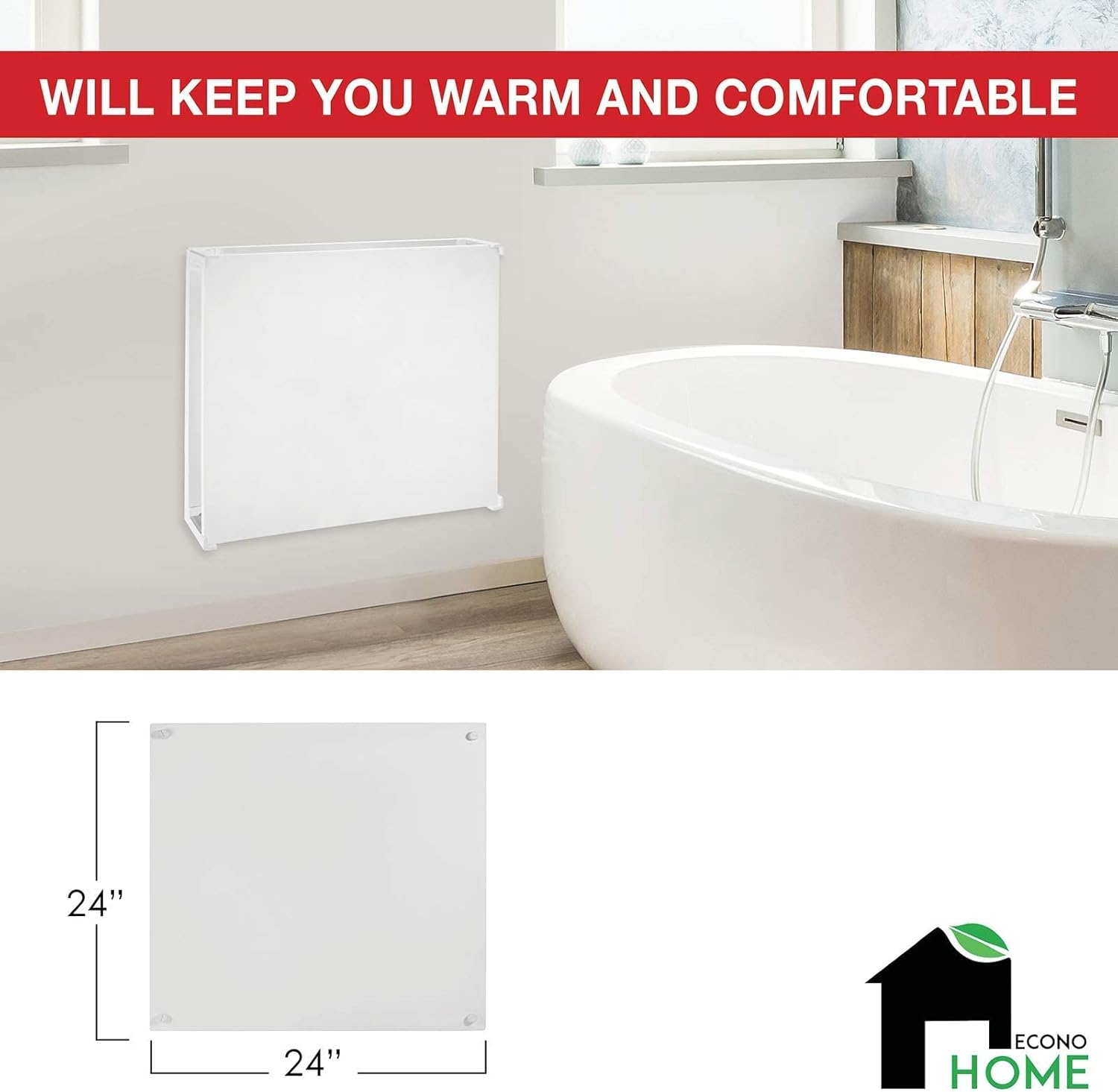 EconoHome Wall Mount Space Heater Panel - 250 Watt Splashproof Convection Heater - Ideal for 100 Sq Ft Room or Bathroom - 120V Electric Heater - Save Up to 50% of Heating Cost - Overheat Protection