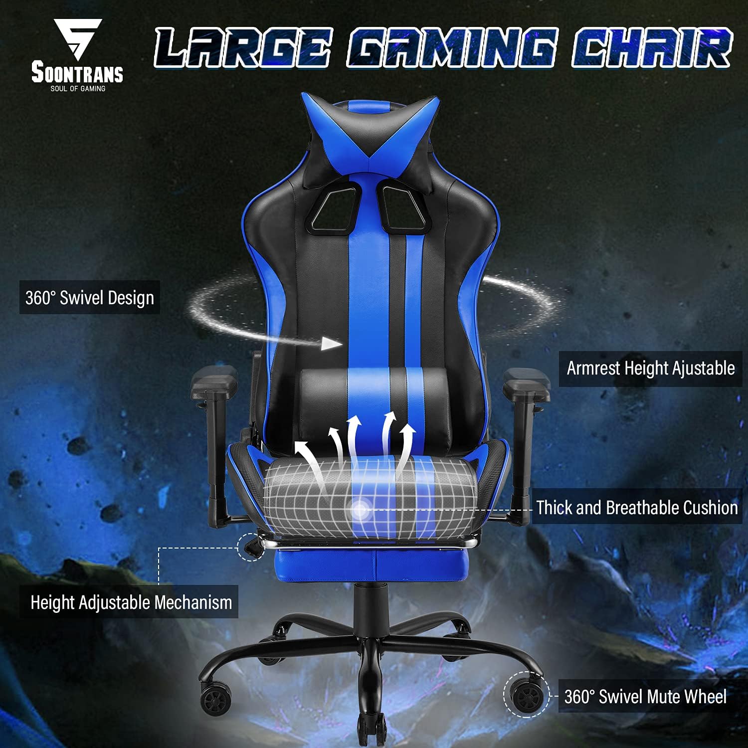 Soontrans Gamer Chair Gaming Chair Lumbar Support Office Chair with Footrest Recling Racing Chair Ergonomic Desk Chair with Headrest Armrest Support for Adults Men Women Teens(Royal Blue)