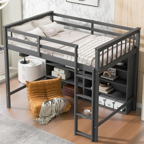 Modern Full Size Loft Bed with Cabinet and Bookshelf, Wood Loft Bed Frame with Built-in Desk and Wardrobe for Kids Teens Adults, Maximize Space (White-7.22)