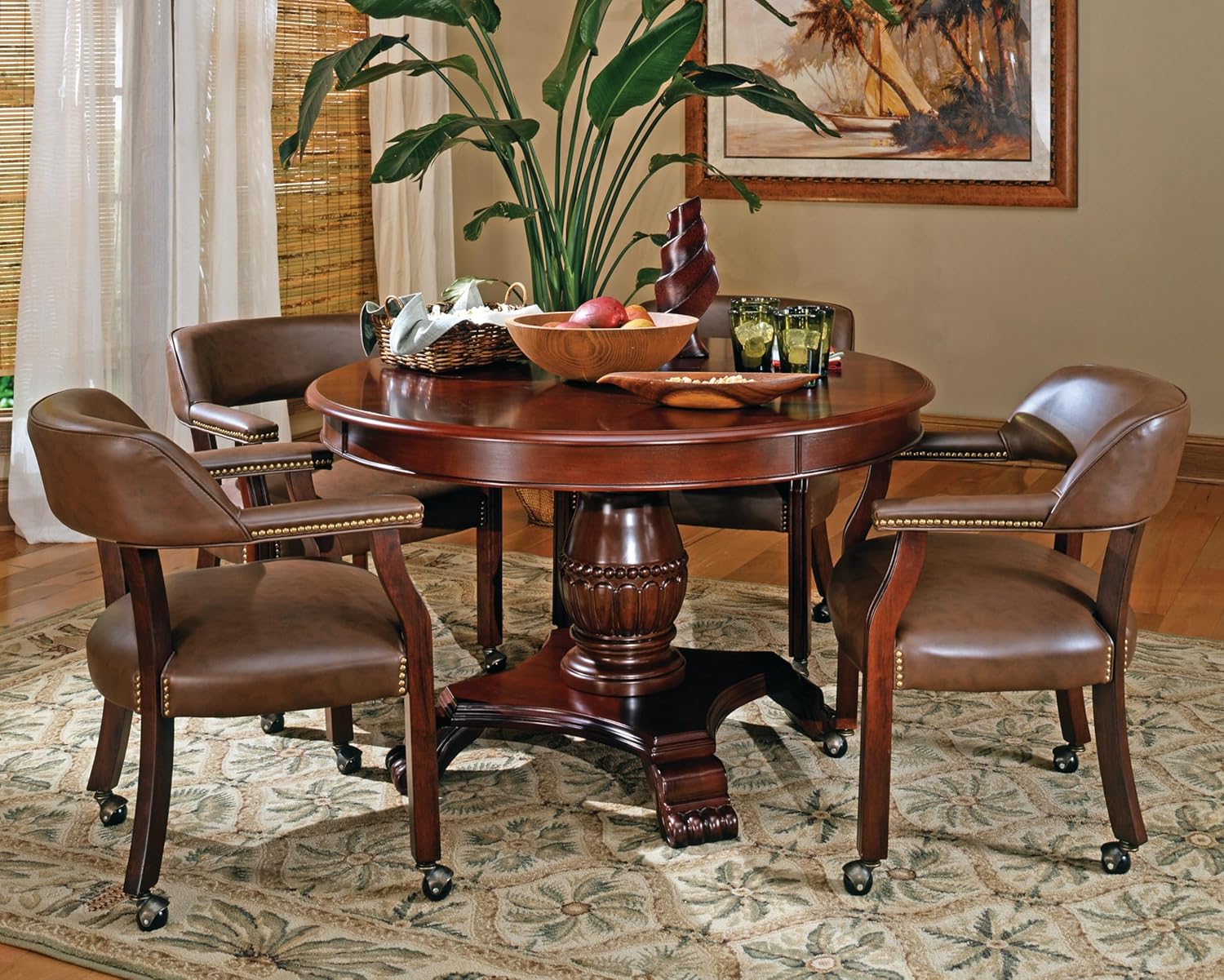 Tournament 5 Piece Dining Or Game Table Set, Hardwood Solids and Cherry Veneers, Folding Game Top, Brown Faux-Leather Surface, includes 4 Captain's Chairs