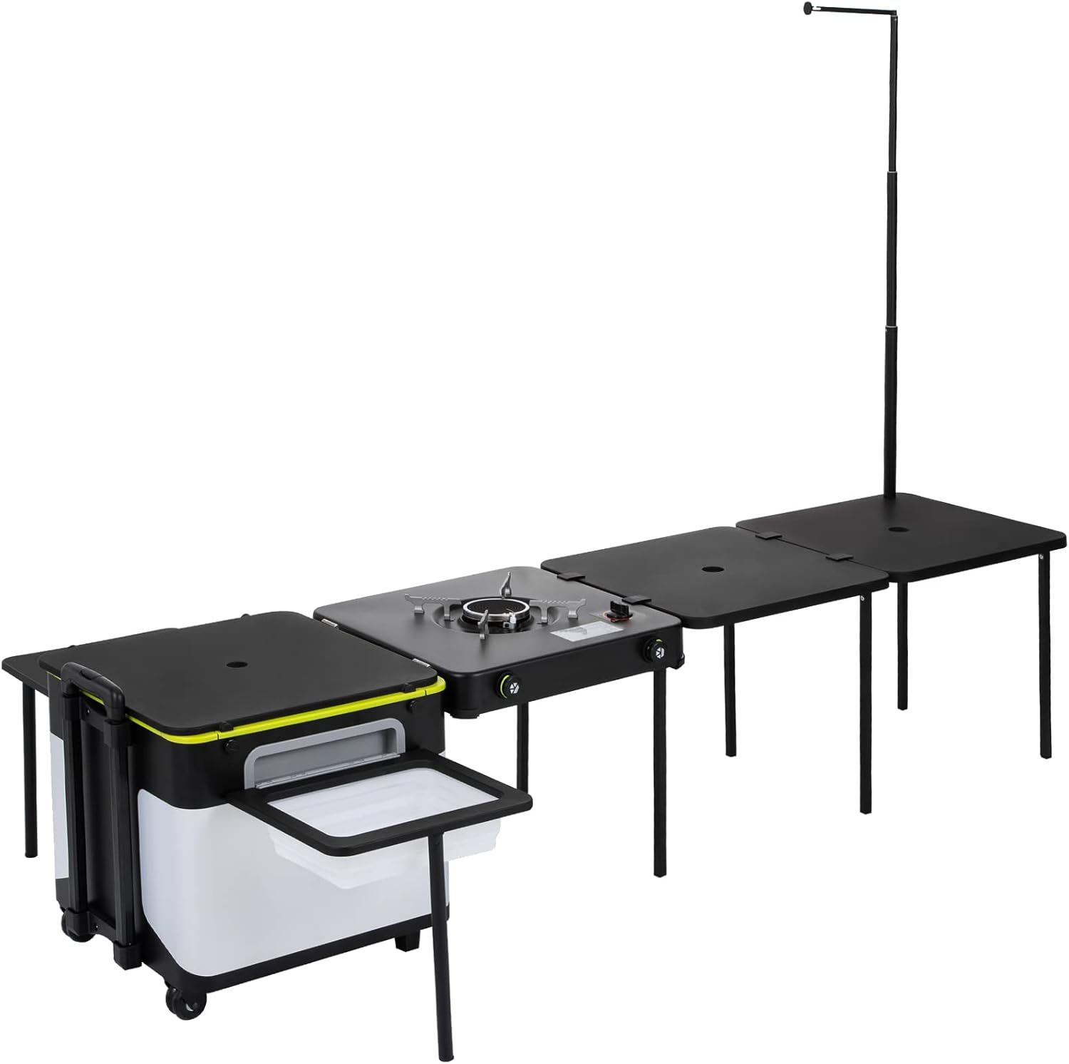 VEVOR Camping Kitchen, Outdoor Cooking Station Multifunctional Integrated Box with Wheels & Windproof Stove Portable Folding Tables Storage Organizer, for Picnic BBQ Beach Traveling, Black