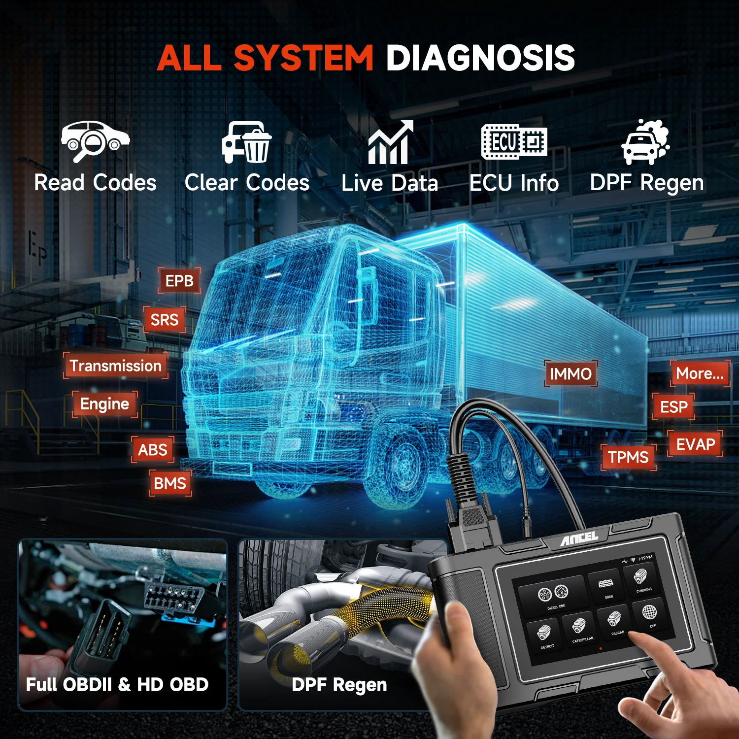ANCEL HD3400 Diesel Truck Scanner Heavy Duty Truck Diagnostic Tool DPF Regen All Systems Scanner HD OBD Scanner Truck Code Reader for Cummins Engine,Freightliner,Peterbilt,Kenworth,Bobcat,Volvo,Mack