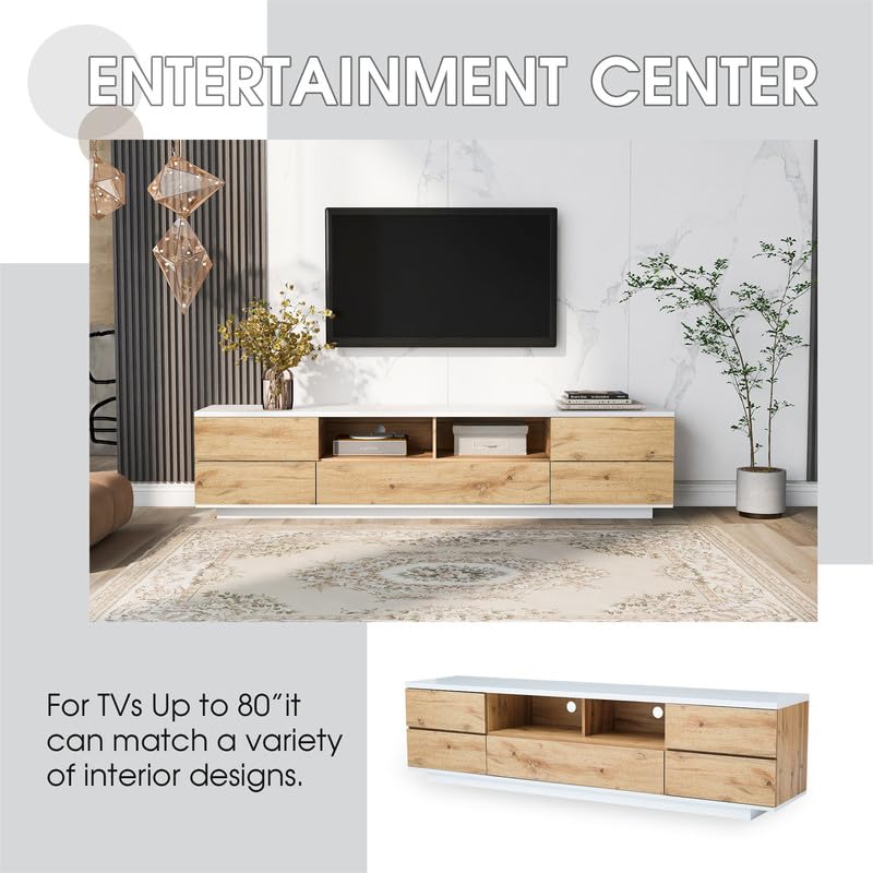 TV Stand up to 80", TV Stands for Living Room Entertainment Center with 8 Cabinet and Door Rebound Device, Modern TV Stand with Storage in MDF, TV Console Table Media Cabinet for Bedroom, Natural
