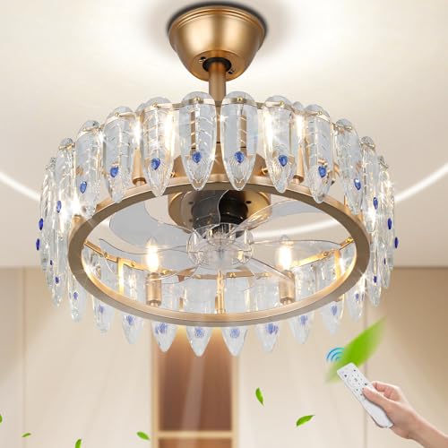 42''Dimmable Fandelier Crystal Chandelier Ceiling Fan Retractable Ceiling Fan with Lights and Remote 6 Speed, 3 Light Change Retractable Blade Chandelier Ceiling Fan for Bedroom(Chrome)