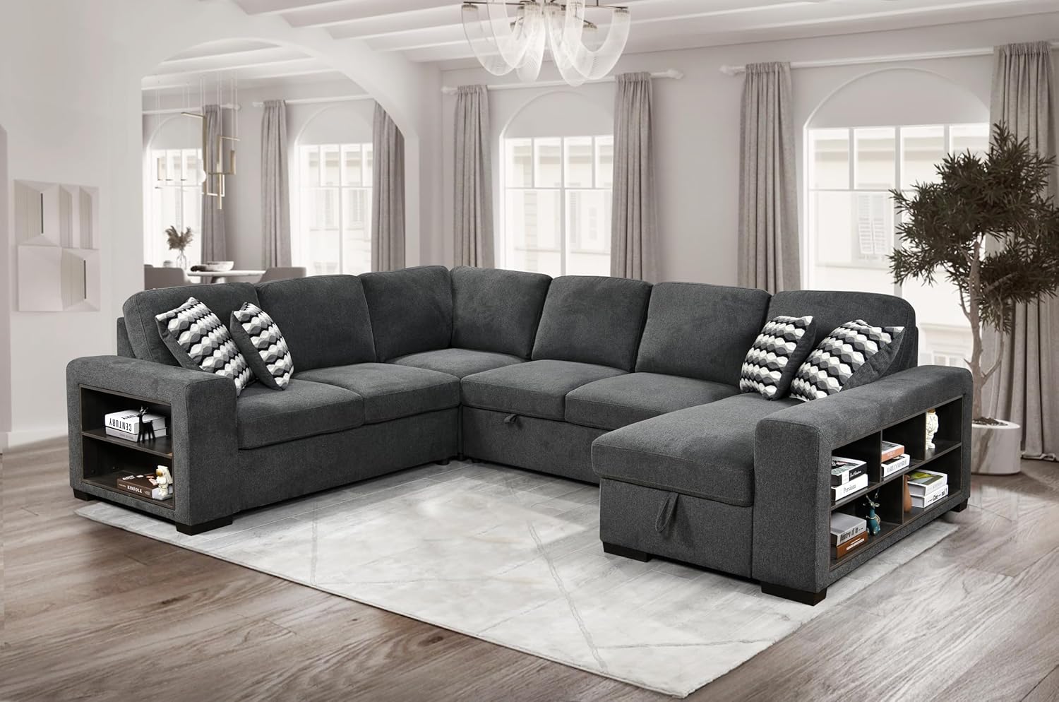 Sectional Modern Sofa Couch with Storage Cabinet 125" U Shape Oversized Sectional Sofa Bed Couches Adjustable Headrest Sleeper Sofa for Living Room,Large Space Dorm,Grey