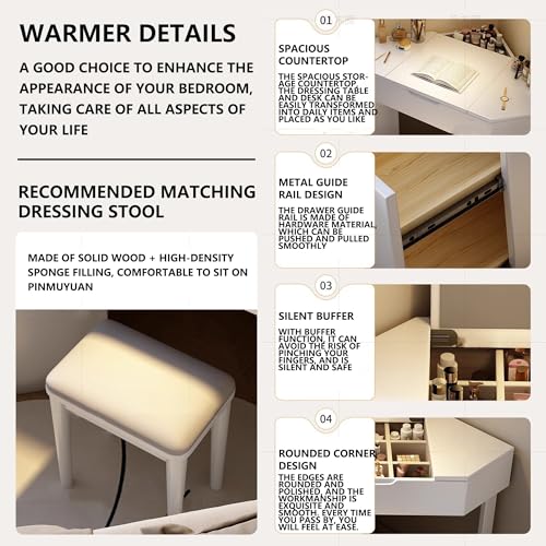 Vanity Desk with Storage Cabinet, Solid Wood Corner Makeup Vanity with Flip-Top Mirror, Expandable Cupboard, Stool, dresser with mirror, makeup table for Small Bedroom (White)