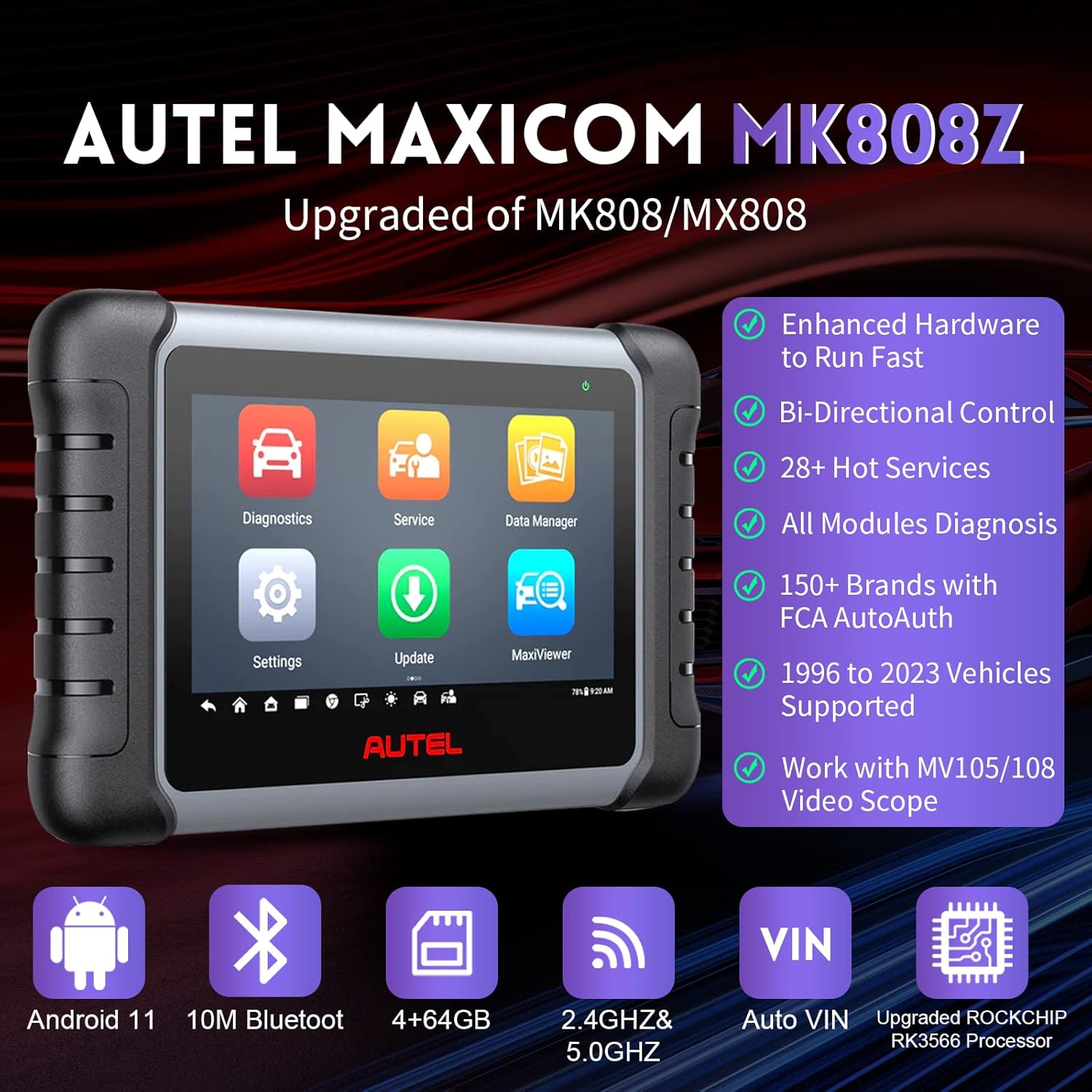 Autel Scanner MaxiCOM MK808Z - 2024 Bidirectional Tool Updated of MX808/MK808, Same As MK808S MX808S, Alternative MX900 All System Diagnostic Tool, 28+ Service, Active Testing Scanner