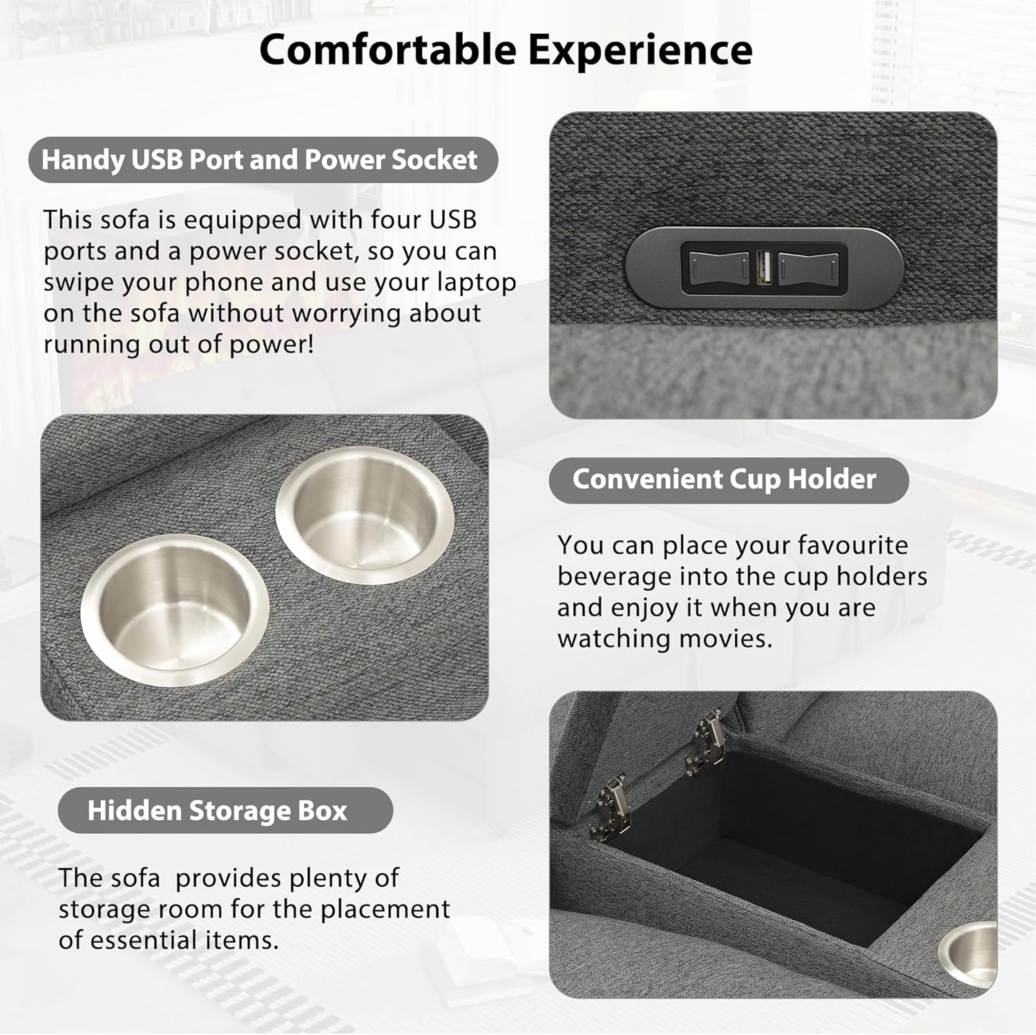 Merax 104'' L-shaped Power Recliner Sofa Couch, Modern Home Theater Reclining Sectional Corner Sofa with Storage Box, Cup Holders, USB Ports, and Power Socket for Living Room, Apartment, Dark Grey