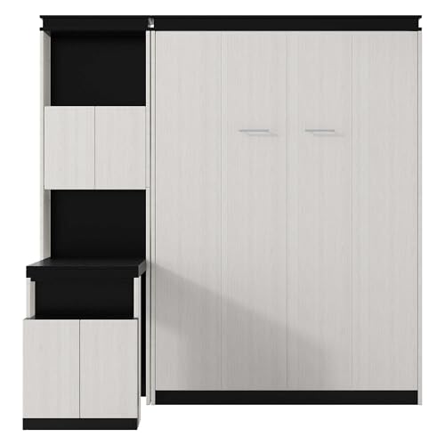 MERITLINE Full Murphy Bed with Desk & Storage Bookcase Shelves, White Wood Murphy Bed Cabinet Folding Wall Unit