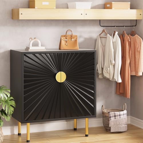 White Accent Storage Cabinet with Gold Handle Set 2- Decorative Flower Pattern Doors - Versatile Buffet Cabinet with Storage - Elegant Sideboard Cabinet - Perfect Credenza for Any Room