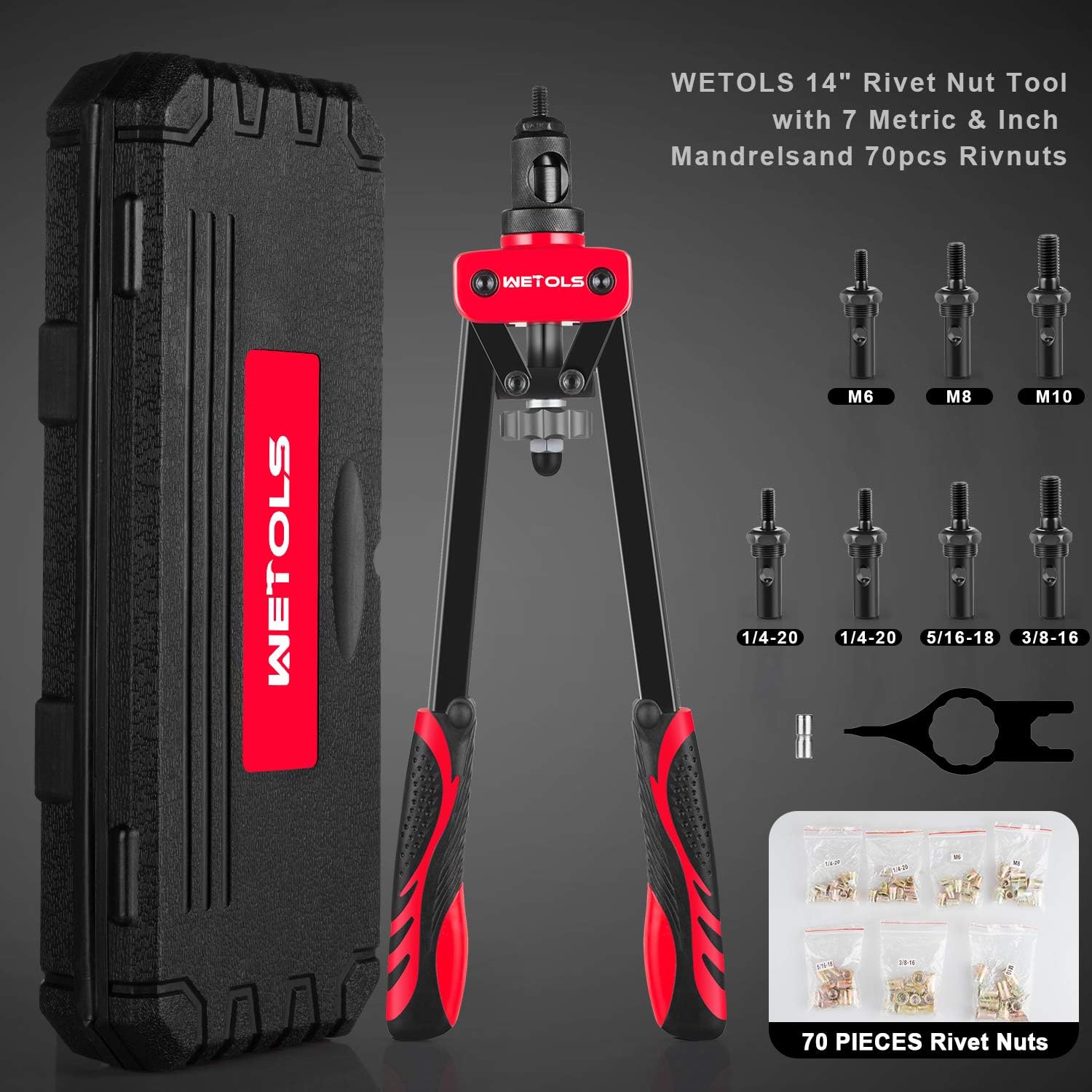 WETOLS Rivet Nut Tool, Hand Rivet Nut Tool with 7 Metric & Inch Mandrels M6 M8 M10, 1/4-20, 5/16-18, 3/8-16, 70pcs Rivnuts and Blow Carry Case - WE-882 Pack of 2