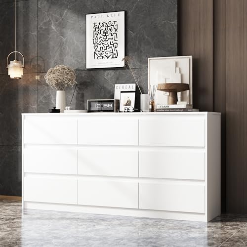 Hitow 9 Drawer Dresser for Bedroom with Deep Drawers, Large Floor Wood Dressers & Chest of Drawers Handle Free, Modern Black Long Dressers for Closet Living Room, Euro Slide (63"W x 15.7"D x 31.5"H)