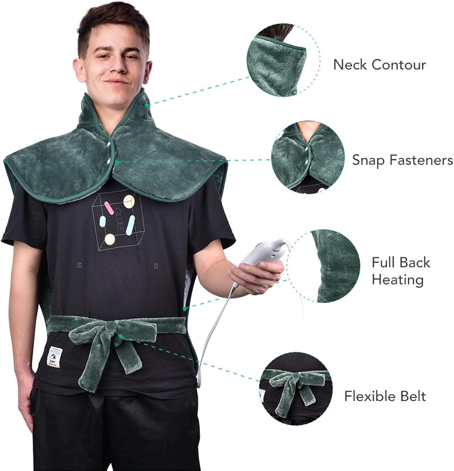 Electric Heating Pad for Back Neck and Shoulders Pain Relief, Heated Warmer Fast-Heat Hot Therapy Warp with Waist Strap, 3 Heat Levels, Auto-Off Timer