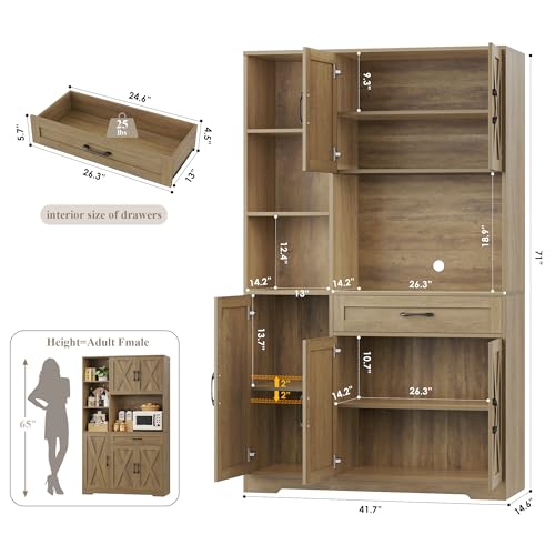 HOSTACK 71" Tall Kitchen Pantry Storage Cabinet, Farmhouse Food Pantry Cabinet with Microwave Stand, Barn Doors Kitchen Hutch with Large Drawer and Shelves for Dining Room, Ash Grey
