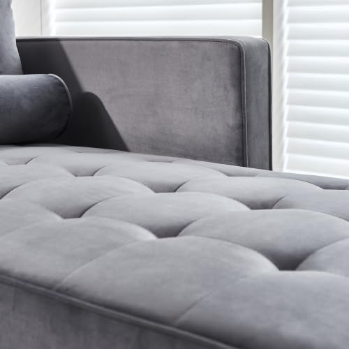 Velvet Chaise Lounge Chair, Modern Upholstered Velvet Chaise with Tufted Cushion, Sofa Recliner Lounge Chair with Adjustable Armrest and Pillows, Sleeper Chair for Living Room, Bedroom Office, Gray