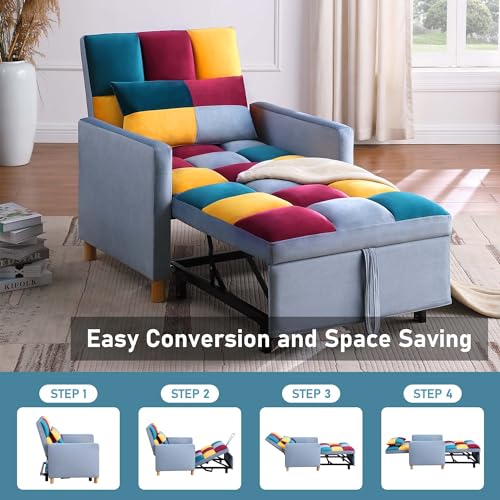 Sofa Chair Pull-Out Bed with Adjustable Backrest, 3 in 1 Convertible Multi-Function Folding Ottoman Couch with Pillow for Living Room Apartment Small Space, Grey