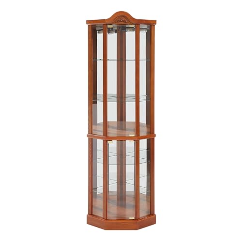 Lighted Wooden Corner Display Curio Cabinet, Curved Shelving Unit Lighted Corner Display with Adjustable Shelves＆Mirrored Back Panel, Tempered Glass Doors for Bedroom, Living Room (Oak)