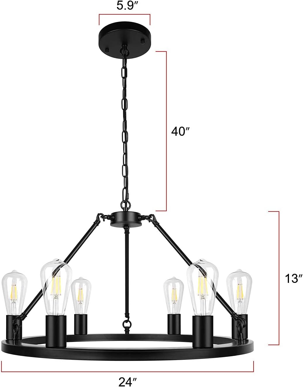 6-Light Black Industrial Farmhouse Chandelier, Wagon Wheel Modern Round Kitchen Island Lighting for Dinning Room Bedroom Foyer