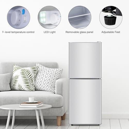 Small Refrigerator with Freezer Mini Fridge 4.0 Cu.ft Compact Small for Bedroom Dorm RV Apartment 2-Door Design Silver…