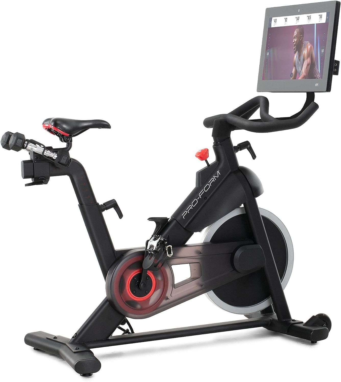 Proform Studio 22 Pro Exercise Bike with 22” HD Touchscreen and 24 resistance levels,Two 3 lb dumbbells for workout, 30 Day iFIT Membership - Black