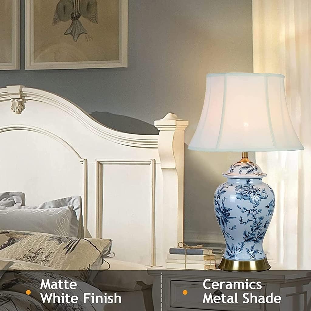 Hand-Painted Ceramic Desk Lamp Chinoiserie Branch Desk Lamp Blue & White Porcelain Lamp Body with Metal Base Bedside Nightstand Lamp for Bedroom Living Room Office College Bookcase