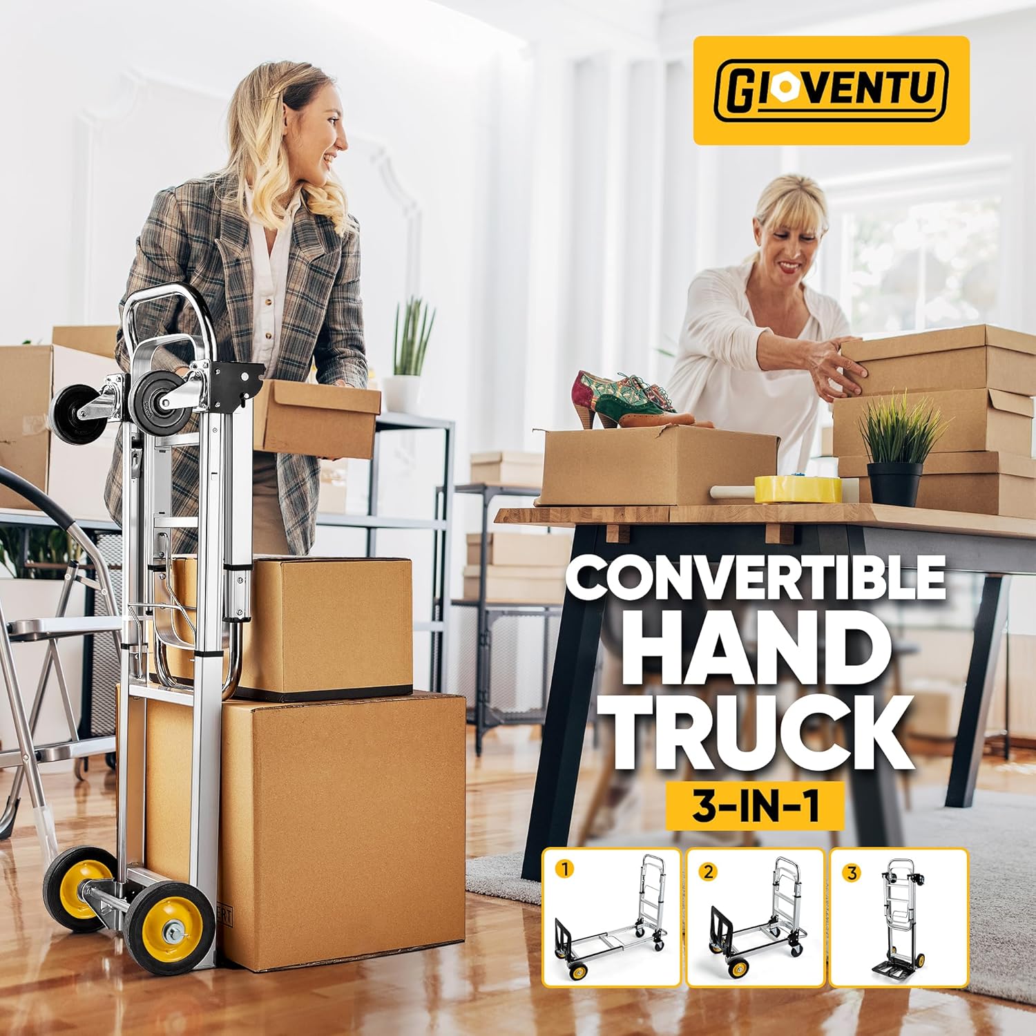 Upgraded 3 in 1 Convertible Hand Truck Dolly, 440 lb Capacity Folding Hand Truck Dolly Cart, Aluminum Dolly Hand Truck with Rubber Brake-Wheels, Anti-Slip Strip & 2 Bungee Ropes for Luggage Office Use