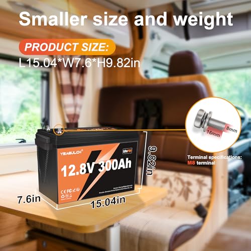 12V 300Ah LiFePO4 Lithium Battery, Built-in 200A BMS with 6000+ Deep Cycles Rechargeable 3840Wh Lithium Battery for RV Solar Marine Solar Panel Camping