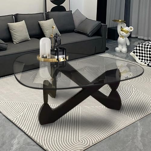 Triangle Coffee Table Glass Coffee Table for Living Room Clear Glass Coffee Table with Solid Wood Base Mid Century Modern Coffee Table for Small Spaces (Black-Transparent, 35.8in)
