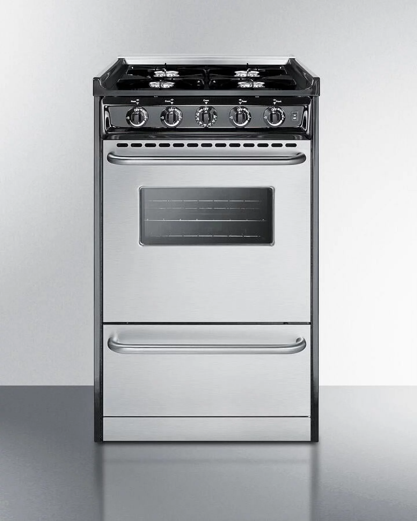 Summit TNM1107BRW 20 inch ; Freestanding Gas Range with 4 Open Burners; 2.46 cu. ft. Oven Capacity; Broiler Compartment; ADA Compliant and Push-to-Turn Knobs in Stainless Steel