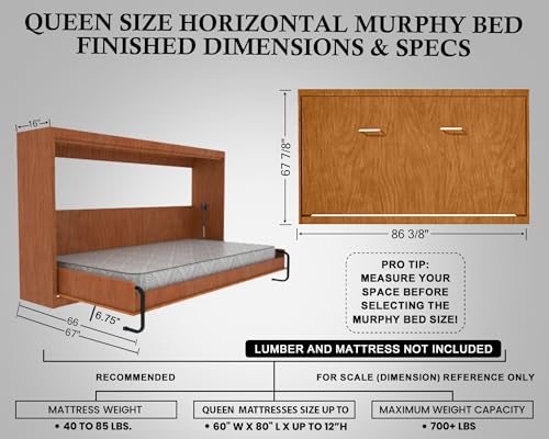 Queen Size DIY Murphy Bed Hardware Kit – Vertical Wall Bed for Space-Saving - Budget-Friendly DIY Setup -Made in USA -Hide Away Design with Murphy Bed Queen Hardware - Bed Lift Mechanism - Pull Down