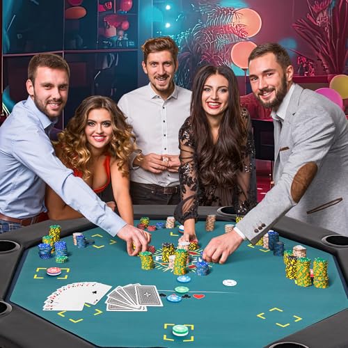 Poker Table Foldable with Double Top, 8 Player Octagonal Poker Table with Chips, Cup Holder, Casino Texas Holdem Table, Felt Blue