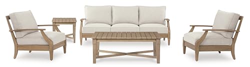 Signature Design by Ashley Carter Hall Outdoor Eucalyptus Patio Sofa with Cushion, Beige