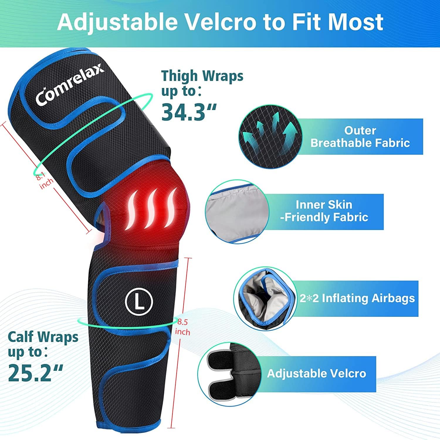 Rechargeable Leg-Massager for Circulation with Heat, Portable & Cordless Air Compression Leg Massager for Muscles Relaxation, Massage Calf & Thigh, Handheld Controller with 3 Modes 3 Intensities