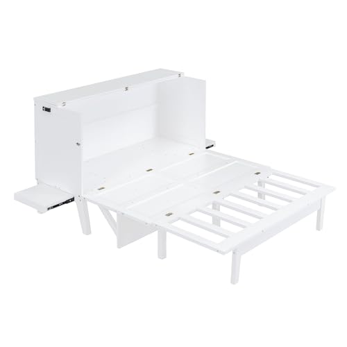 Queen Murphy Bed, Modern Wall Bed with Desk, Built-in Dual Power/USB Ports, Wood Murphy Bed Cabinet Bed Removable Shelves, Murphy Bed Chest Murphy Bed Frame for Guest Bedroom, Pulley Design, Grey