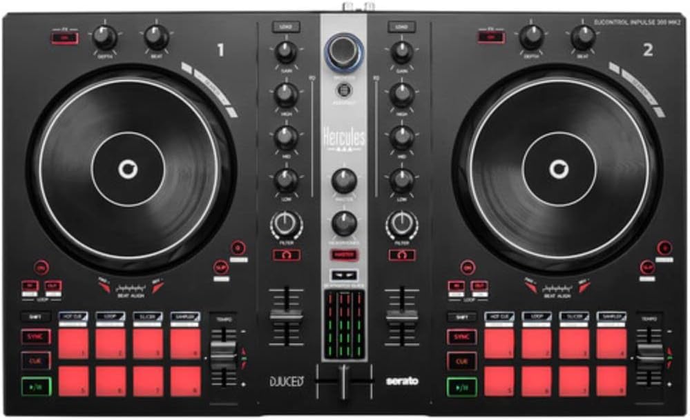 Hercules DJ Control Inpulse 300 2-Deck USB DJ Controller for Serato DJ Lite and DJUCED Bundle with 6' Comprehensive Standard Series 3.5mm Stereo Mini Plug to 2 RCA Plugs Audio Cable