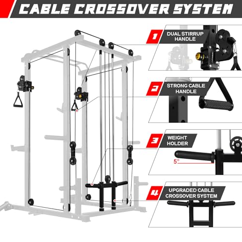 RitFit Multi-Function Squat Rack Power Cage PPC03 with Cable Crossover System, 1000LBS Capacity Power Rack and Packages with Optional Weight Bench, Barbell Weight Set, for Garage Workout & Home Gym